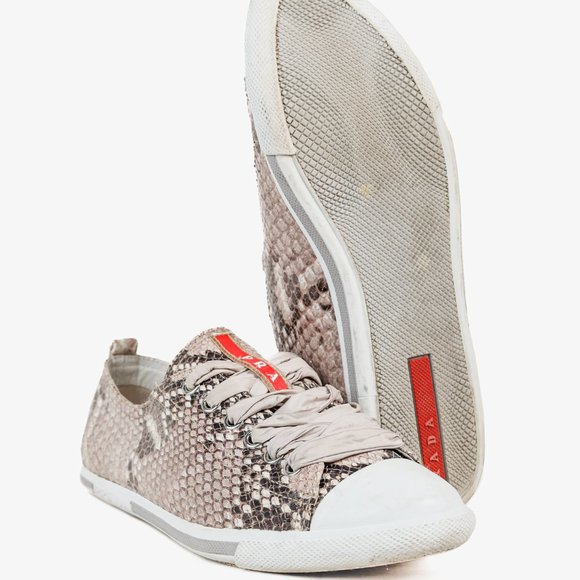 Prada Red Label Taupe Snake Print Satin Ribbon Tied Sneakers, Size 7.5 - Picture 4 of 11
